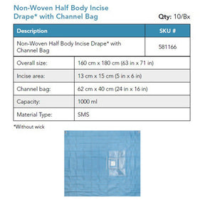 Visitec Visidrape Half Body Incise Drape, SMS, 1000 ml Channel Bag, 160 x 180 cm. MPN: 581166