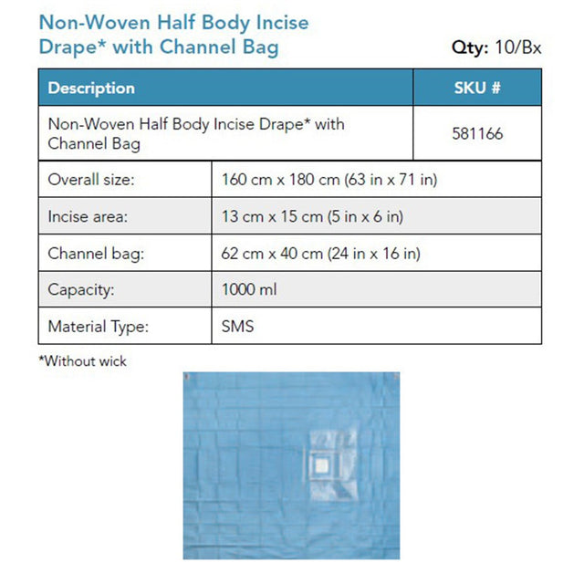 Visitec Visidrape Half Body Incise Drape, SMS, 1000 ml Channel Bag, 160 x 180 cm. MPN: 581166