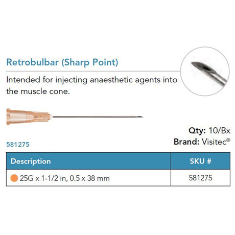 Visitec Retrobulbar Cannula (Sharp Point), 25G x 1½ in (0.5 x 38 mm). MPN: 581275