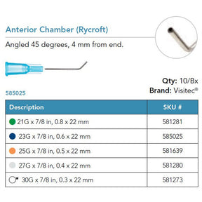 Visitec Anterior Chamber Cannula (Rycroft), 21G x ⅞ in (0.8 x 22 mm), 45° Angled. MPN: 581281