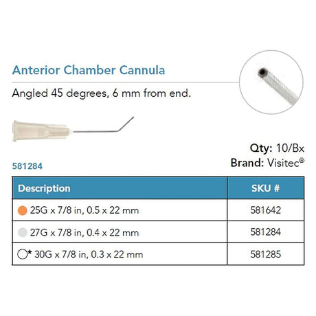 Visitec Anterior Chamber Cannula, 27G x ⅞ in (0.4 x 22 mm), 45° Bend at 6 mm. MPN: 581284