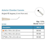 Visitec Anterior Chamber Cannula, 30G x ⅞ in (0.3 x 22 mm), 45° Bend at 6 mm. MPN: 581285
