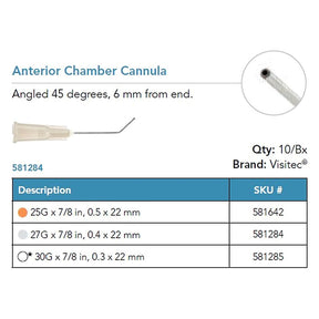 Visitec Anterior Chamber Cannula, 30G x ⅞ in (0.3 x 22 mm), 45° Bend at 6 mm. MPN: 581285