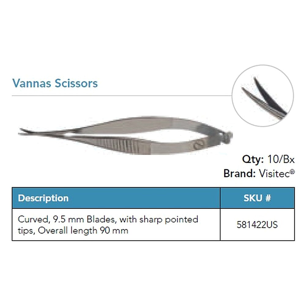 Visitec Vannas Scissors, Curved, 9.5 mm Blades. MPN: 581422US