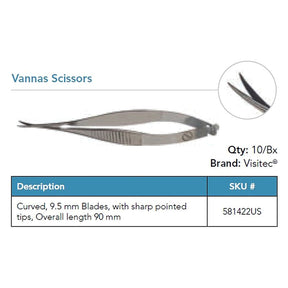 Visitec Vannas Scissors, Curved, 9.5 mm Blades. MPN: 581422US