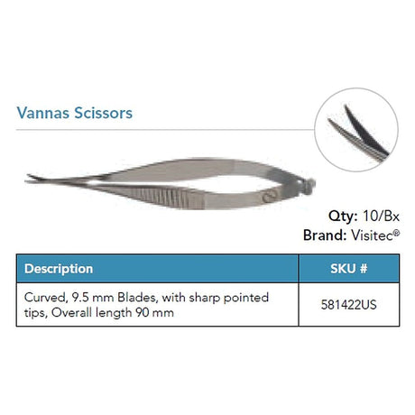 Visitec Vannas Scissors, Curved, 9.5 mm Blades. MPN: 581422US