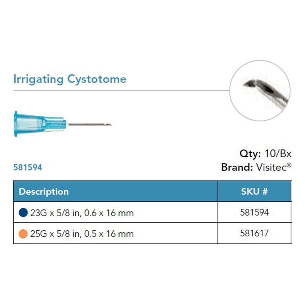 Visitec Irrigating Cystotome, 23G x ⅝ in (0.6 x 16 mm). MPN: 581594