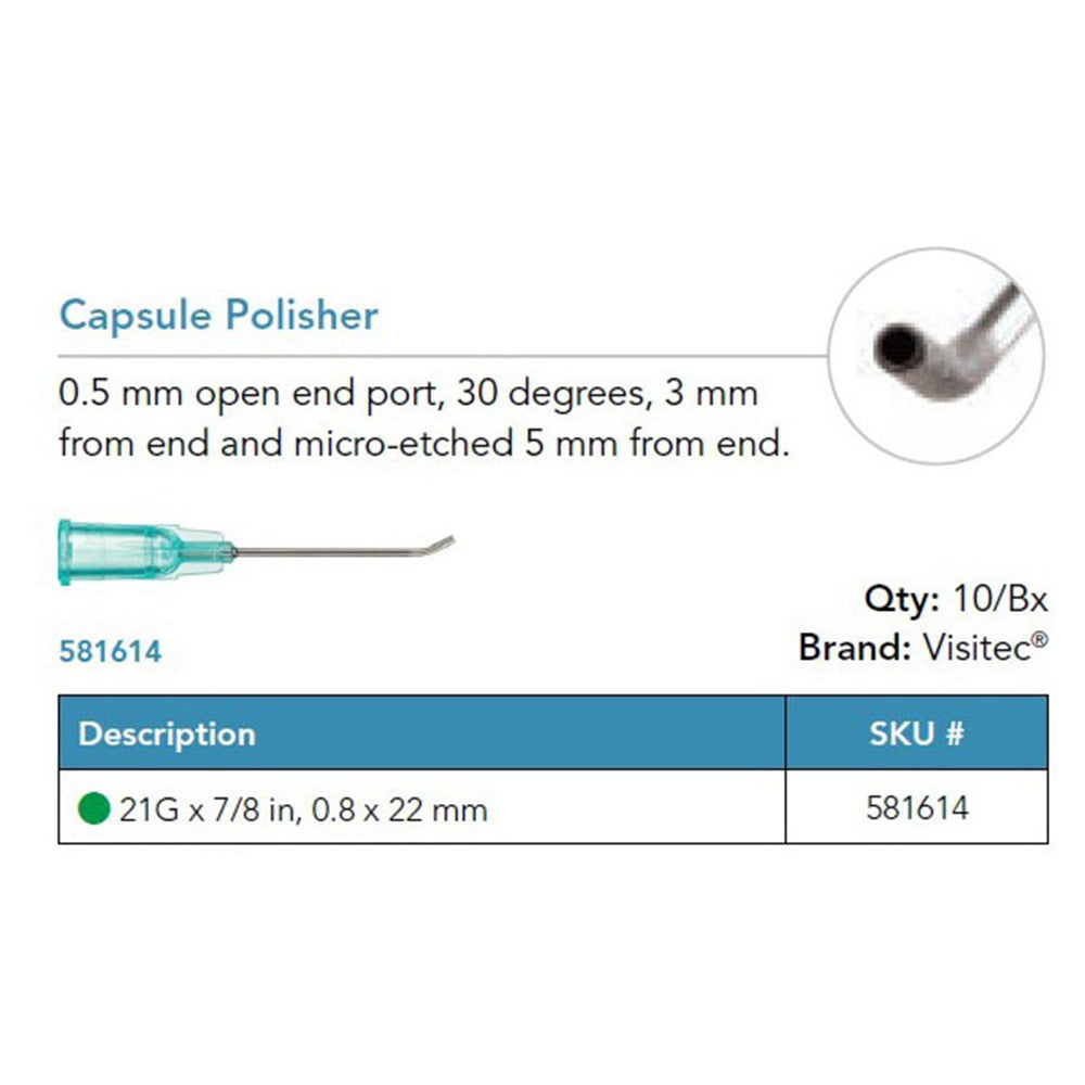 Visitec Capsule Polisher, 21G x ⅞ in (0.8 x 22 mm), 30° Angled. MPN: 581614