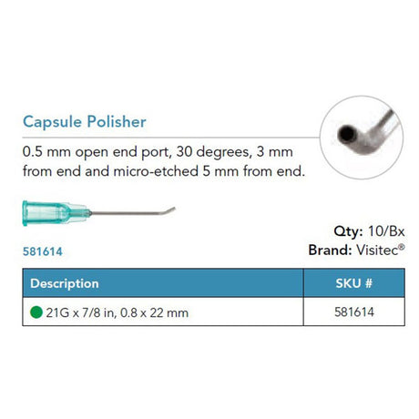 Visitec Capsule Polisher, 21G x ⅞ in (0.8 x 22 mm), 30° Angled. MPN: 581614