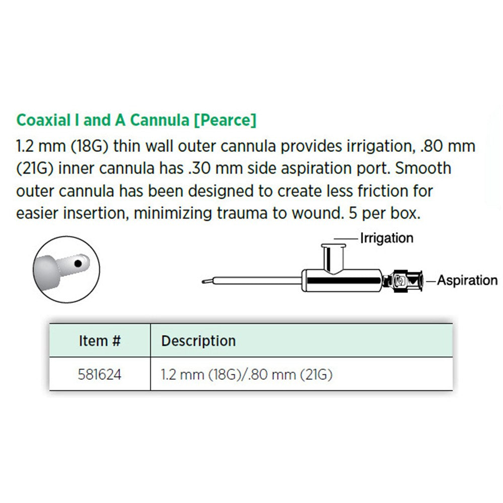 Visitec Coaxial I/A Cannula (Pearce), 18G Outer / 21G Inner. MPN: 581624