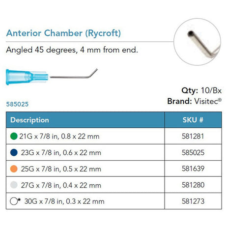 Visitec Anterior Chamber Cannula (Rycroft), 25G x ⅞ in (0.5 x 22 mm), 45° Angled. MPN: 581639