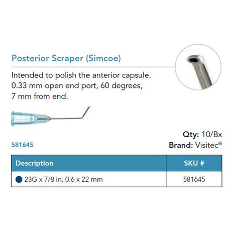 Visitec Posterior Scraper (Simcoe), 23G x ⅞ in (0.6 x 22 mm), 60° Angled. MPN: 581645