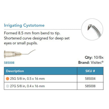 Visitec Irrigating Cystotome, 25G x ⅝ in (0.5 x 16 mm), Formed 8.5 mm. MPN: 585004