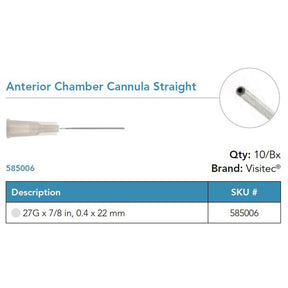 Visitec Anterior Chamber Cannula, 27G x ⅞ in (0.4 x 22 mm), Straight. MPN: 585006