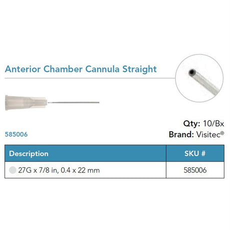 Visitec Anterior Chamber Cannula, 27G x ⅞ in (0.4 x 22 mm), Straight. MPN: 585006