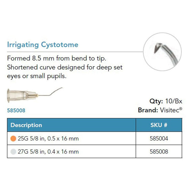 Visitec Irrigating Cystotome, 27G x ⅝ in (0.4 x 16 mm), Formed 8.5 mm. MPN: 585008