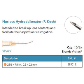 Visitec Nucleus Hydrodelineator (P. Koch), 25G x ⅞ in (0.5 x 22 mm). MPN: 585015