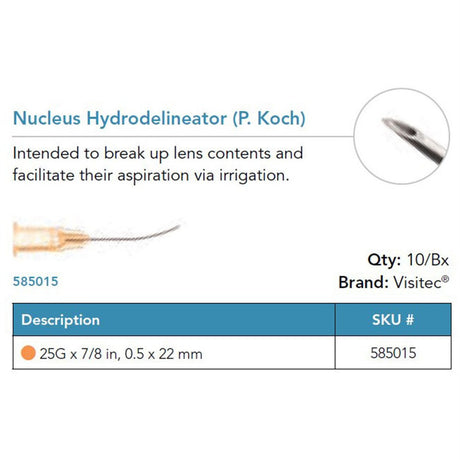 Visitec Nucleus Hydrodelineator (P. Koch), 25G x ⅞ in (0.5 x 22 mm). MPN: 585015