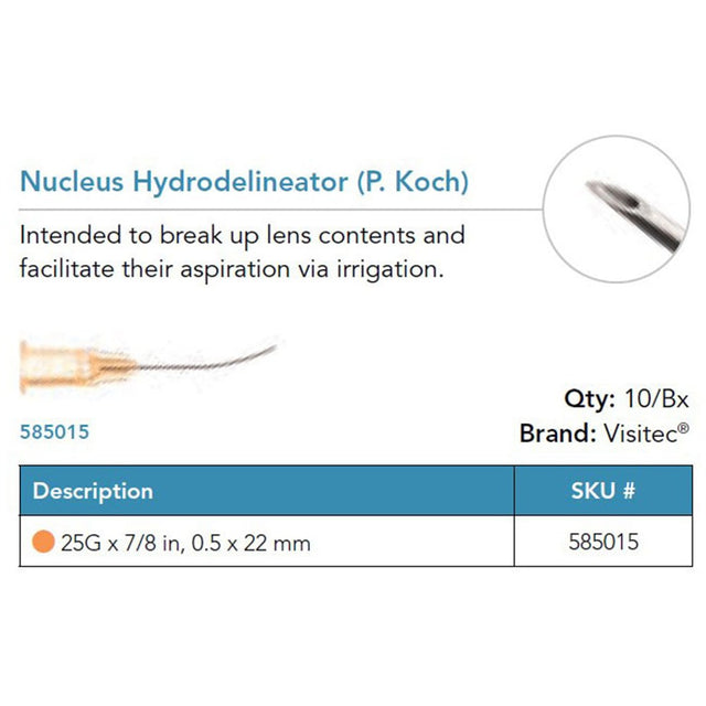 Visitec Nucleus Hydrodelineator (P. Koch), 25G x ⅞ in (0.5 x 22 mm). MPN: 585015