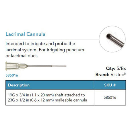 Visitec Malleable Lacrimal Cannula, 19G Shaft with 23G x ½ in Tip. MPN: 585016