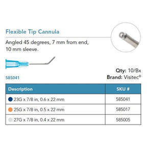 Visitec Flexible Tip Cannula, 25G x ⅞ in (0.5 x 22 mm), 45° Angled. MPN: 585017
