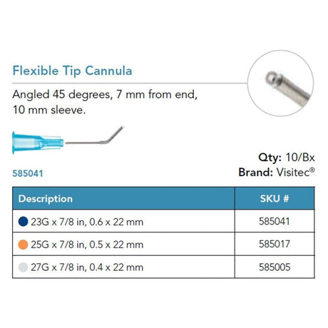 Visitec Flexible Tip Cannula, 25G x ⅞ in (0.5 x 22 mm), 45° Angled. MPN: 585017