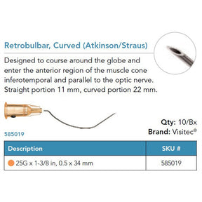 Visitec Retrobulbar Cannula (Atkinson/Straus), 25G x 1⅜ in (0.5 x 34 mm), Curved. MPN: 585019