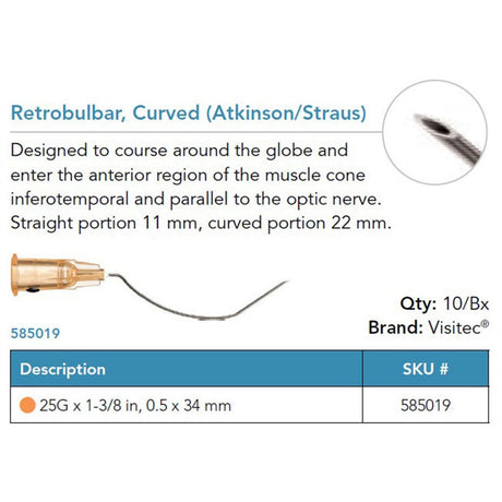 Visitec Retrobulbar Cannula (Atkinson/Straus), 25G x 1⅜ in (0.5 x 34 mm), Curved. MPN: 585019
