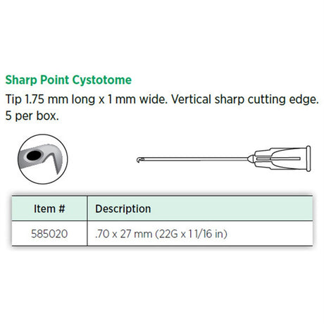 Visitec Sharp Point Cystotome, 22G x 1-1/16 in (0.7 x 27 mm). MPN: 585020