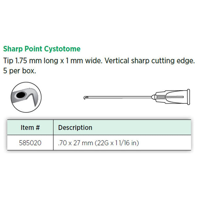 Visitec Sharp Point Cystotome, 22G x 1-1/16 in (0.7 x 27 mm). MPN: 585020