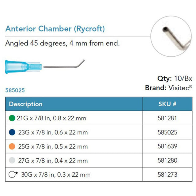 Visitec Anterior Chamber Cannula (Rycroft), 23G x ⅞ in (0.6 x 22 mm), 45° Angled. MPN: 585025