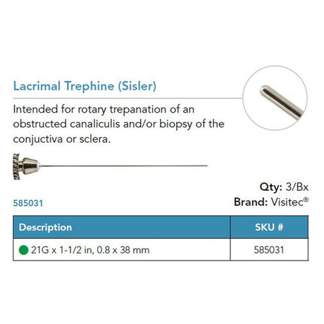 Visitec Lacrimal Trephine (Sisler), 21G x 1½ in (0.8 x 38 mm). MPN: 585031