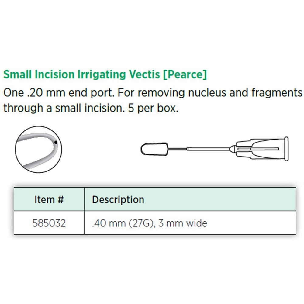 Visitec Small Incision Irrigating Vectis (Pearce), 0.40 mm (27G), 3 mm Wide. MPN: 585032