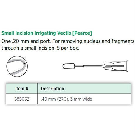 Visitec Small Incision Irrigating Vectis (Pearce), 0.40 mm (27G), 3 mm Wide. MPN: 585032