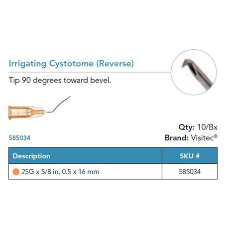 Visitec Irrigating Cystotome (Reverse), 25G x ⅝ in (0.5 x 16 mm), 90° Angled. MPN: 585034