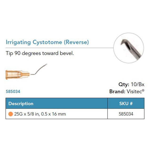 Visitec Irrigating Cystotome (Reverse), 25G x ⅝ in (0.5 x 16 mm), 90° Angled. MPN: 585034