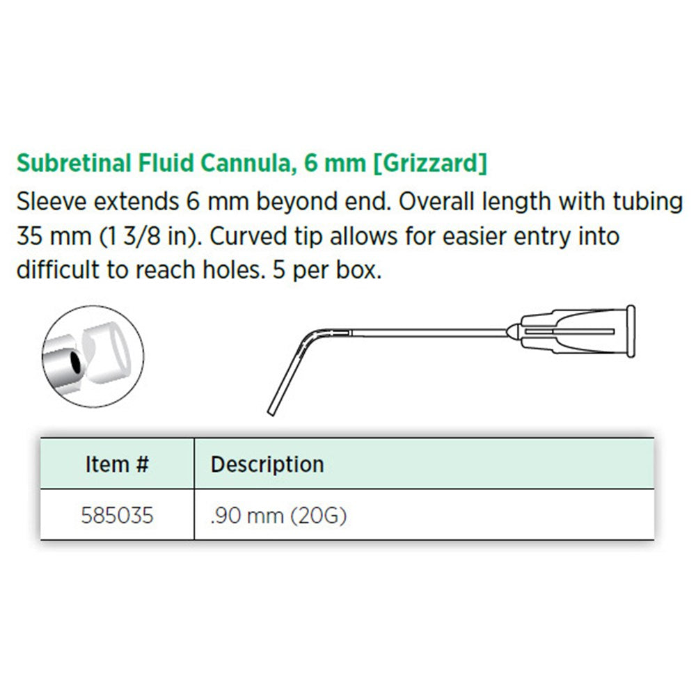 Visitec Subretinal Fluid Cannula (Grizzard), 20G, 6 mm Curved Tip. MPN: 585035