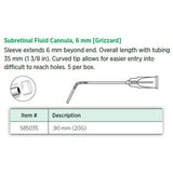 Visitec Subretinal Fluid Cannula (Grizzard), 20G, 6 mm Curved Tip. MPN: 585035