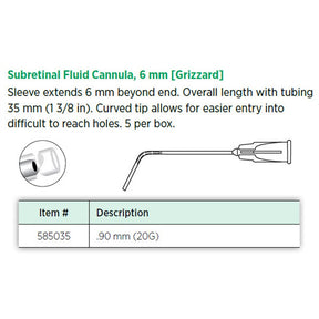 Visitec Subretinal Fluid Cannula (Grizzard), 20G, 6 mm Curved Tip. MPN: 585035