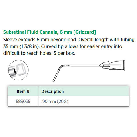 Visitec Subretinal Fluid Cannula (Grizzard), 20G, 6 mm Curved Tip. MPN: 585035
