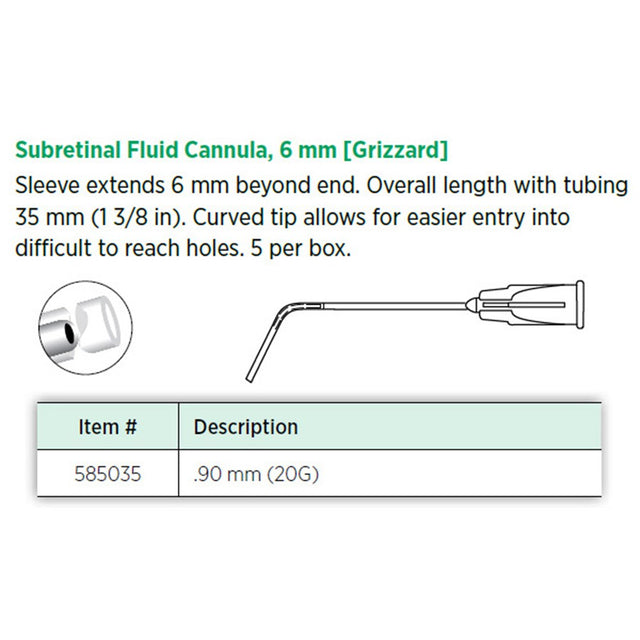 Visitec Subretinal Fluid Cannula (Grizzard), 20G, 6 mm Curved Tip. MPN: 585035