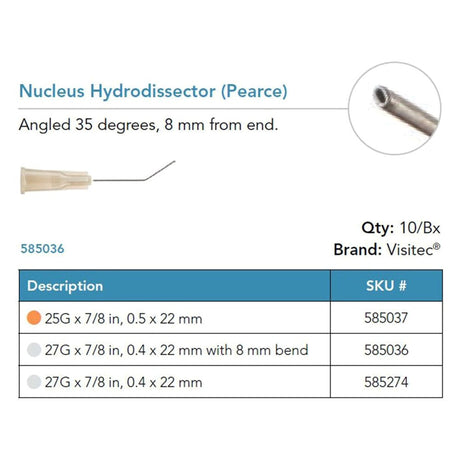 Visitec Nucleus Hydrodissector (Pearce), 27G x ⅞ in (0.4 x 22 mm), 35° Angled. MPN: 585036
