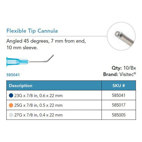 Visitec Flexible Tip Cannula, 23G x ⅞ in (0.6 x 22 mm), 45° Angled. MPN: 585041