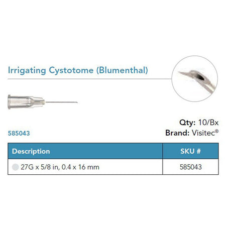 Visitec Irrigating Cystotome (Blumenthal), 27G x ⅝ in (0.4 x 16 mm), Straight. MPN: 585043
