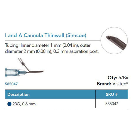 Visitec I/A Cannula (Simcoe), 23G Thin Wall, 0.3 mm Aspiration Port, 5/box. MPN: 585047