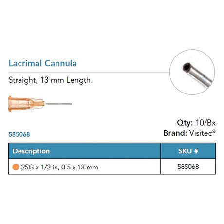 Visitec Lacrimal Cannula, 25G x ½ in (0.5 x 13 mm), Straight. MPN: 585068