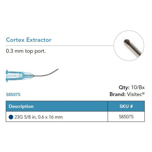 Visitec Cortex Extractor, Top Port, 23G x ⅝ in (0.6 x 16 mm). MPN: 585075