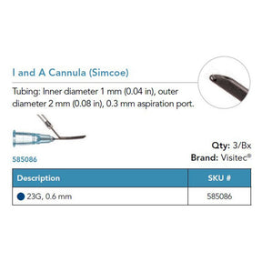 Visitec I/A Cannula (Simcoe), 23G, 0.3 mm Aspiration Port, 3/box. MPN: 585086