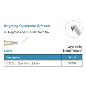Visitec Irrigating Cystotome (Simcoe), 27G x ½ in (0.4 x 12.5 mm), 45° Angled. MPN: 585093