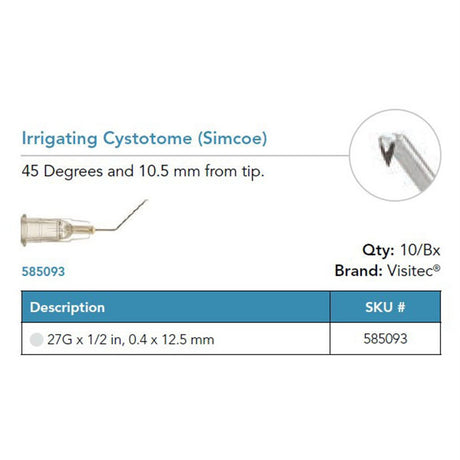 Visitec Irrigating Cystotome (Simcoe), 27G x ½ in (0.4 x 12.5 mm), 45° Angled. MPN: 585093